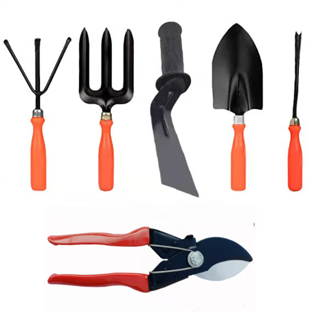 weeding trowel, pruning saw, weeding fork, hedge shear, garden rake